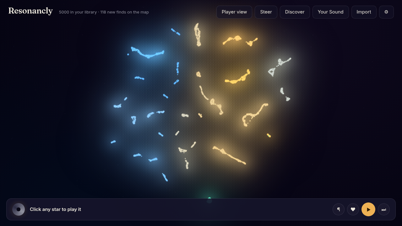 Resonancly's living star-map — every track you own placed by how it sounds